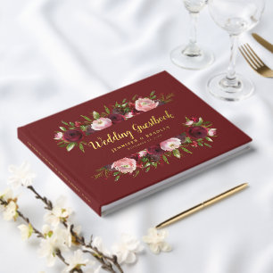 Rustikale Burgunder-Rot Wasserfarben-Hochzeit mit  Gästebuch