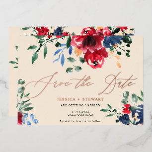 Rustikale burgunderblaue Hochzeit - Save-the-Date- Folieneinladung