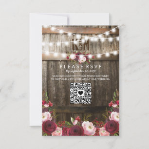 Rustikale burgunderfarbene Hochzeitsblumen QR RSVP Karte