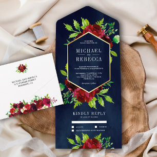 Rustikale burgunderrote Floral goldene navyblaue H All In One Einladung