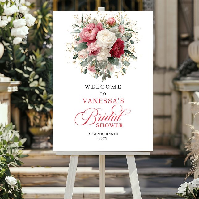 Rustikale burgunderrote Floral Hochzeitsdusche Beg Poster (Rustic Chic Burgundy Floral Bridal Shower Welcome)