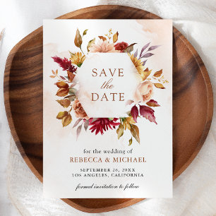 Rustikale burgunderrote Terrakotta-Hochzeit mit Bl Save The Date