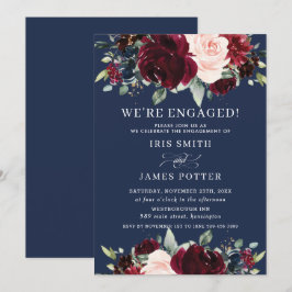 Rustikale burgundische Blush Navy-Floral-Engagemen Einladung