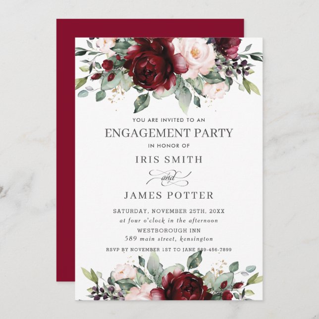 Rustikale burgundy Blush-Floral Engagement Party Einladung (Vorne/Hinten)