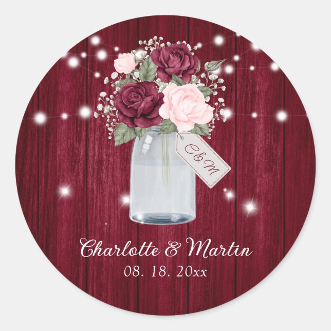 Rustikale Burgundy Blush Monogram Floral Wedding Runder Aufkleber (Vorderseite)