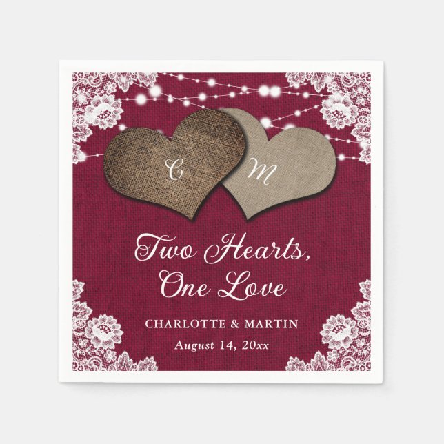 Rustikale Burgundy Burlap Lace String Lights Hochz Serviette (Vorderseite)