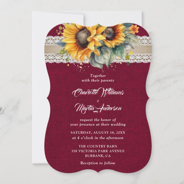 Rustikale Burgundy Burlap Lace Sunflower Wedding Einladung (Vorderseite)