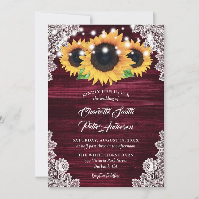 Rustikale Burgundy Burlap Lace Sunflower Wedding Einladung (Vorderseite)
