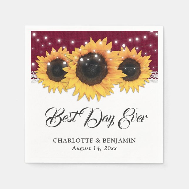 Rustikale Burgundy Burlap Lace Sunflower Wedding Serviette (Vorderseite)