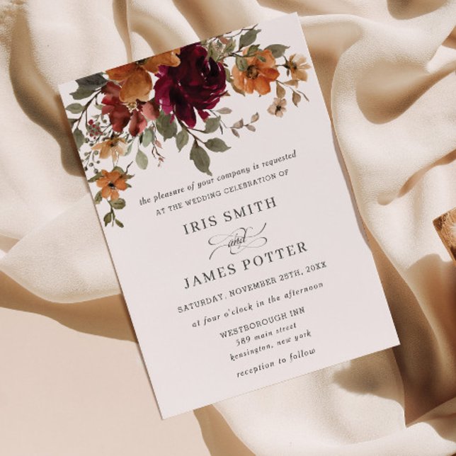 Rustikale Burgundy Burnt Orange Rust Floral Weddin Einladung (rustic burgundy rust burnt orange floral fall autumn wedding invitation cards printed digital file)