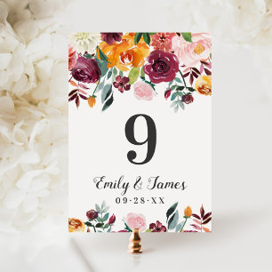 Rustikale Burgundy Fall Floral Wedding Tischnummer