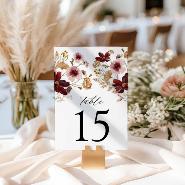 Rustikale Burgundy Fall Floral Wedding Tischnummer (Burgundy Fall Floral Wedding Table Numbers)