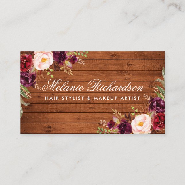 Rustikale Burgundy Floral Wood Business Card Terminkarte (Vorderseite)