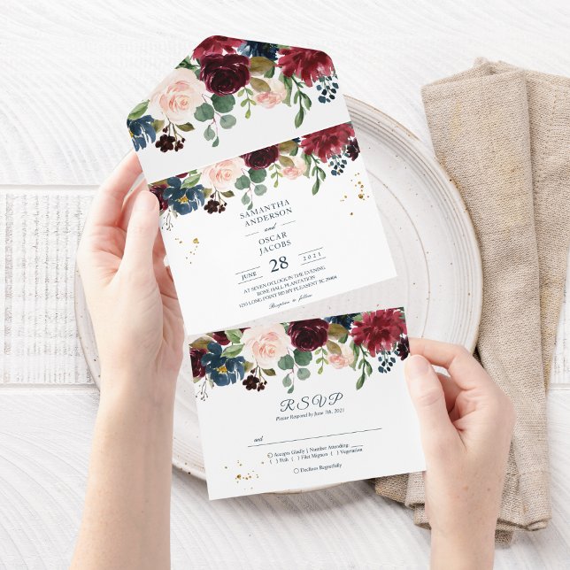 Rustikale Burgundy Navy Blue & Red Beauty Blume All In One Einladung (Von Creator hochgeladen)