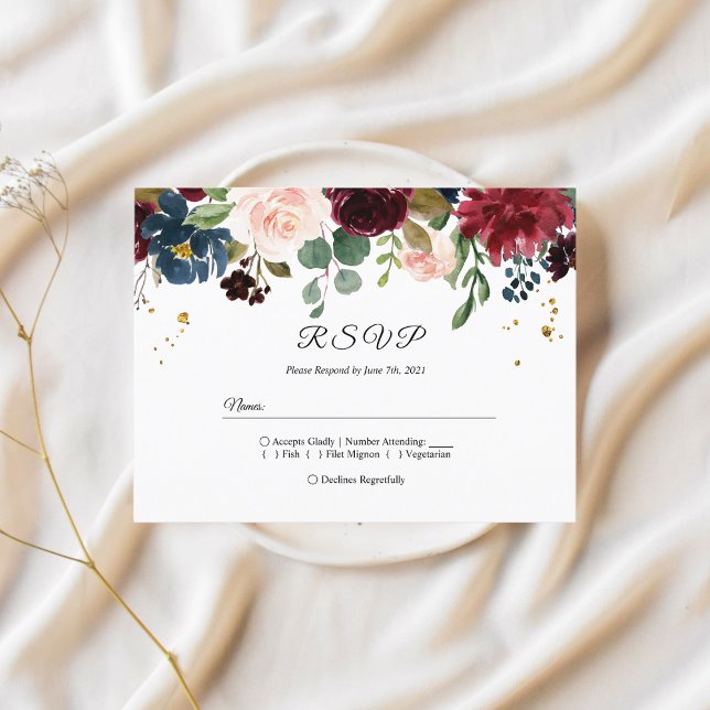 Rustikale Burgundy Navy Blue & Red Beauty Blume Einladungspostkarte (Von Creator hochgeladen)