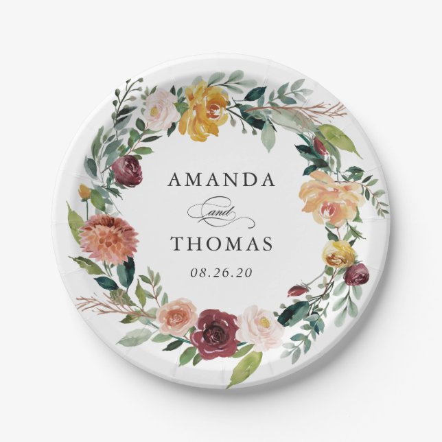 Rustikale Burgundy Orange Blumenzeremonie Pappteller (Vorderseite)