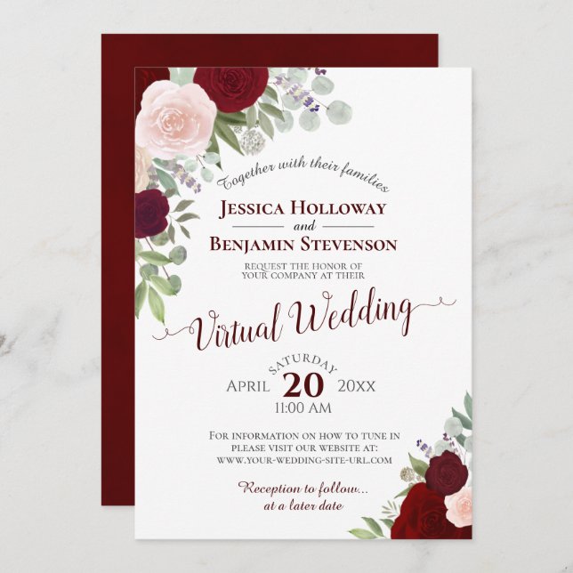 Rustikale Burgundy Red & Pink Virtual Wedding Einladung (Vorne/Hinten)