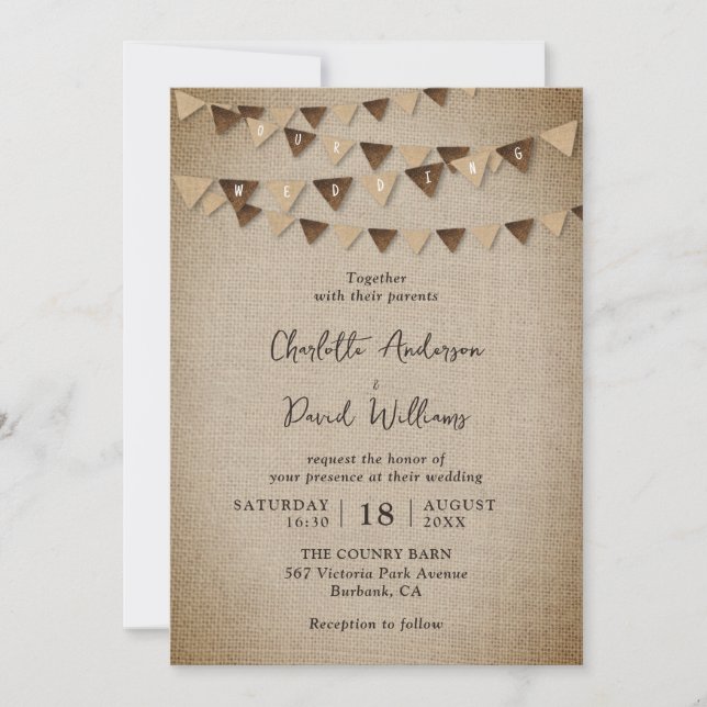Rustikale Burlap Banners Wedding Einladung (Vorderseite)