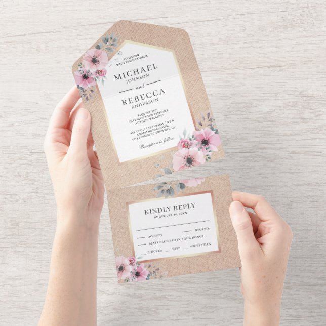 Rustikale Burlap Blush Pink Aquarellblume Hochzeit All In One Einladung (Abreißen)
