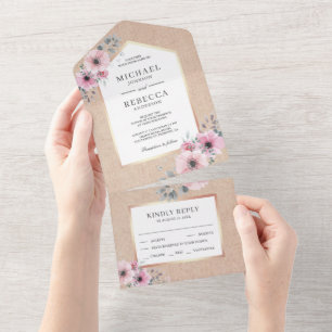 Rustikale Burlap Blush Pink Aquarellblume Hochzeit All In One Einladung