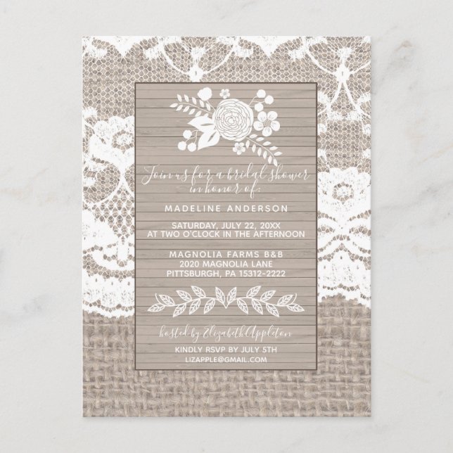 Rustikale Burlap Bridal Dusche Einladung Postkarte (Vorderseite)