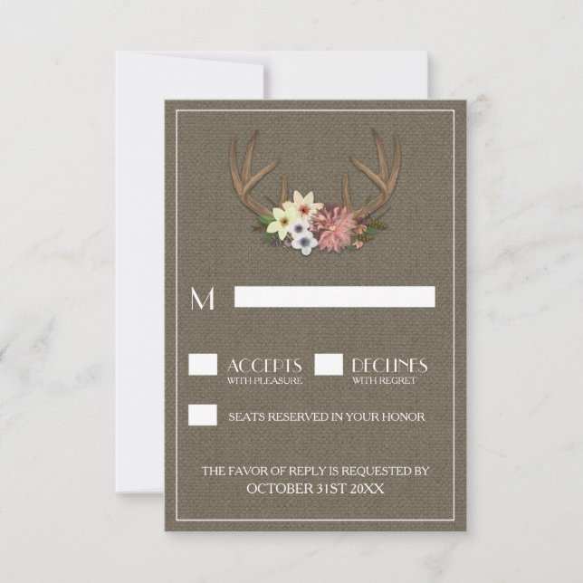 Rustikale Burlap Deer Antler Wedding RSVP Cards Karte (Vorderseite)