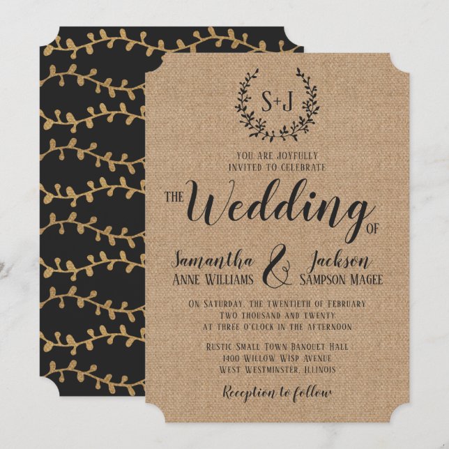 Rustikale Burlap Elegant Black Typografy Wedding Einladung (Vorne/Hinten)