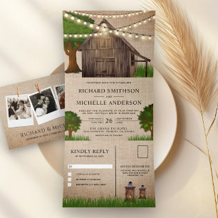 Rustikale Burlap Farm Holz Stall String Lights Hoc Dreifach Gefaltete Einladung
