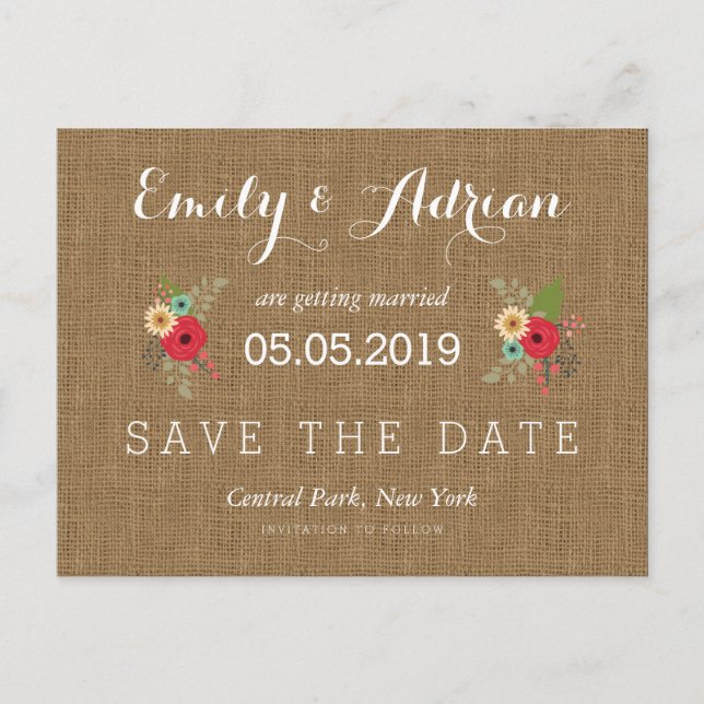 Rustikale Burlap Floral Save the Date Postkarten (Vorderseite)