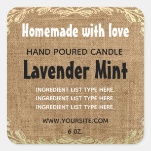 Rustikale Burlap-Handarbeit mit Liebe Candle Label Quadratischer Aufkleber