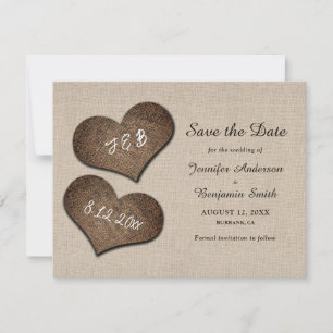 Rustikale Burlap-Herzen Hochzeit speichern das Dat Save The Date