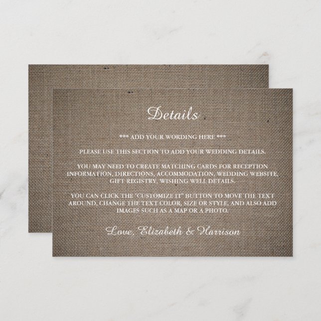 Rustikale Burlap-Hochzeit - Details Begleitkarte (Vorne/Hinten)
