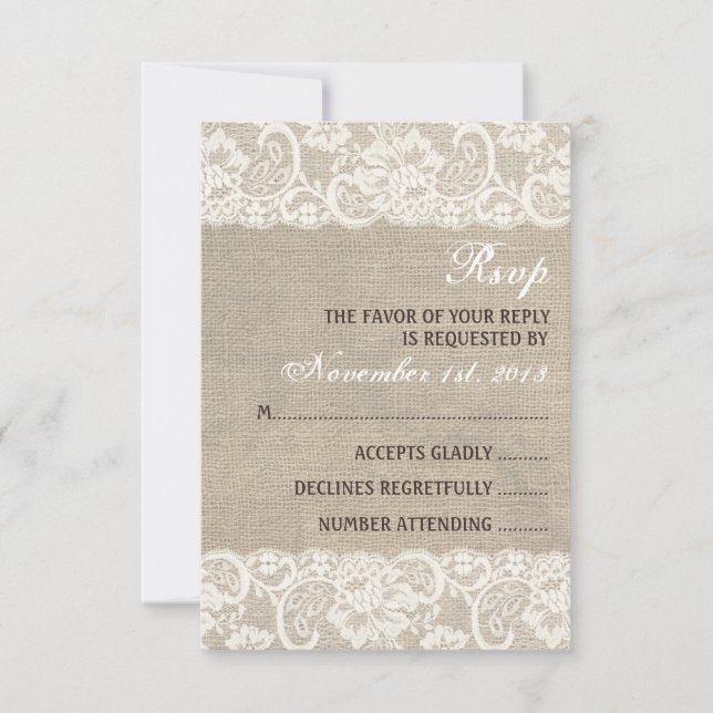 Rustikale Burlap-Hochzeitkarte für RSVP-Karten RSVP Karte (Vorderseite)