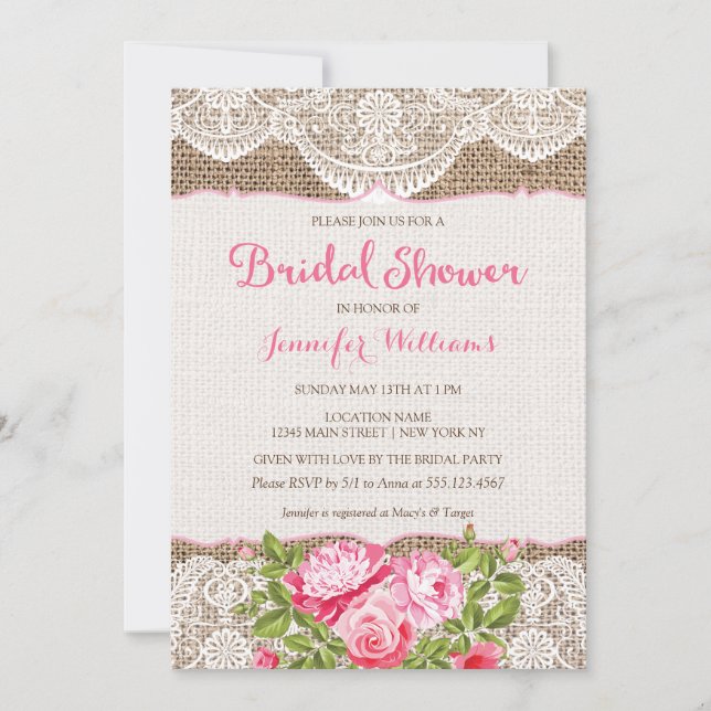 Rustikale Burlap Lace Bridal Dusche Einladung Rose (Vorderseite)