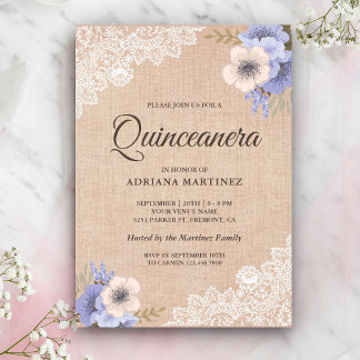 Rustikale Burlap Lace Lila Blumenquinceanera Einladung
