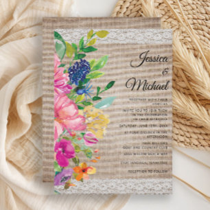 Rustikale Burlap Lace Pink Blue Floral Wedding Einladung