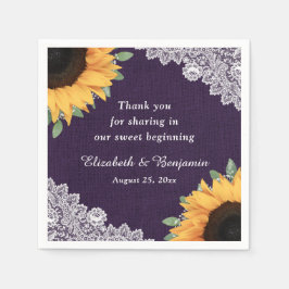 Rustikale Burlap Lace Sonnenblume und Lila Hochzei Serviette