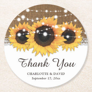 Rustikale Burlap Lace String Lights Sonnenblume Ho Runder Pappuntersetzer