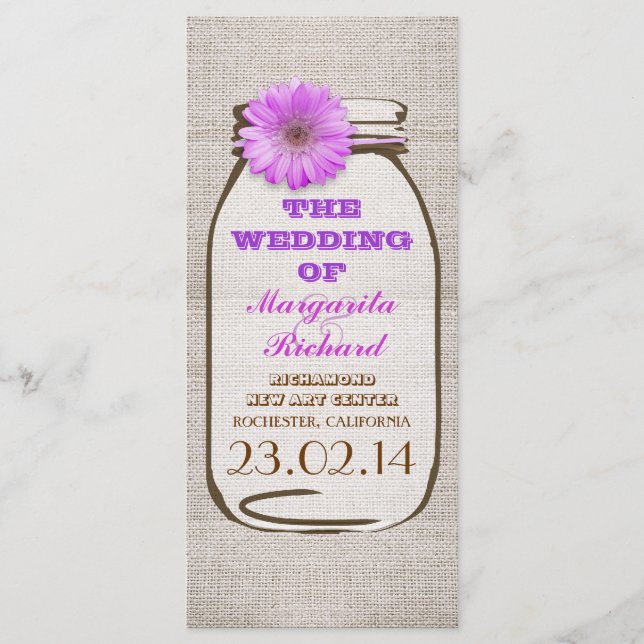 Rustikale Burlap-Maurer Glas lila Hochzeitsprogram Programm (Vorderseite)