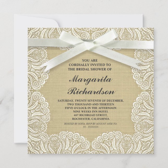 Rustikale Burlap mit weißer Spitze und Bugbridaldu Einladung (Vorderseite)