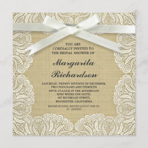 Rustikale Burlap mit weißer Spitze und Bugbridaldu Einladung