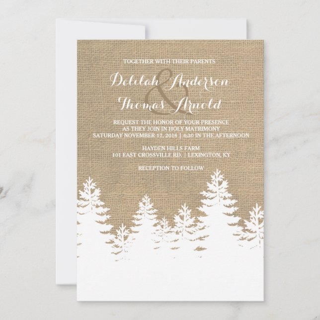 Rustikale Burlap Pine Trees Winter Wedding Einladu Einladung (Vorderseite)