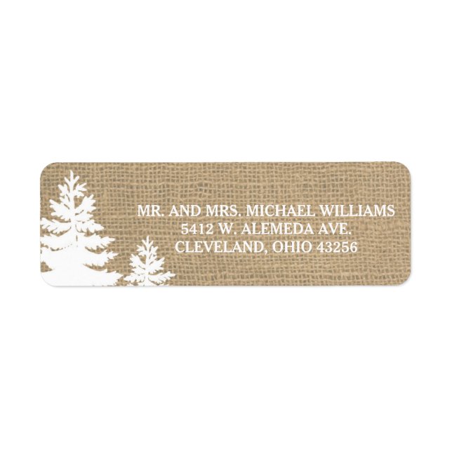 Rustikale Burlap Pine Trees Winter Wedding Labels (Vorne)