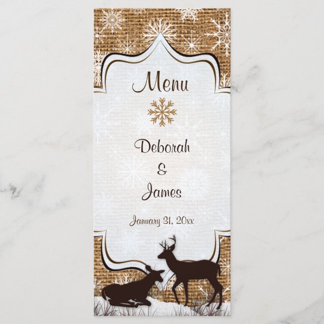Rustikale Burlap-, Snowflakes & Deer Wedding Menu  Menükarte (Vorderseite)