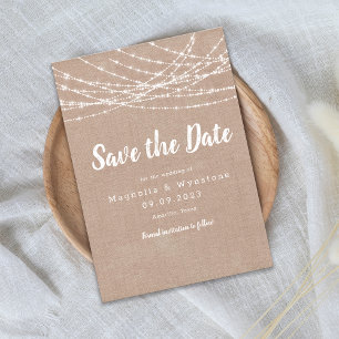 Rustikale Burlap-String-Lichter Hochzeit speichern Save The Date