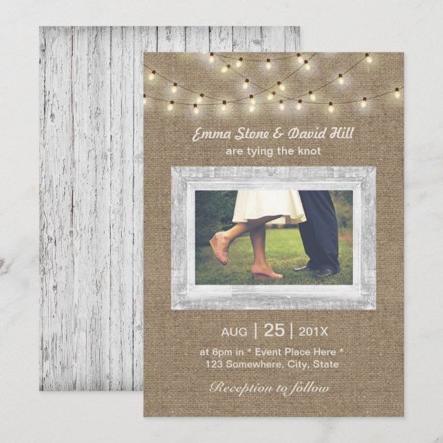 Rustikale Burlap String Lights Elegantes Foto Hoch Einladung (Vorne/Hinten)