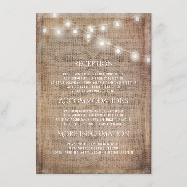 Rustikale Burlap String Lights Hochzeitsinformatio Begleitkarte (Vorderseite)