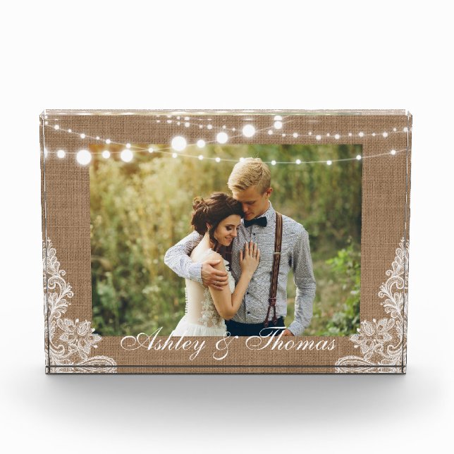 Rustikale Burlap-String Lights Lace Wedding Fotoblock (Vorderseite)