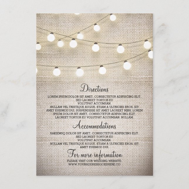 Rustikale Burlap String Lights Wedding Details Car Begleitkarte (Vorderseite)