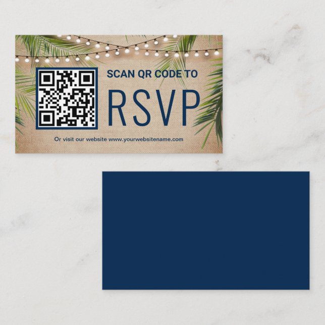 Rustikale Burlap Tropical Palm QR Code UAWG Weddin Begleitkarte (Vorne/Hinten)